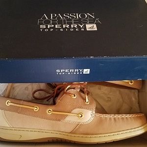 Bluefish linen/gold suede Sperry Top-sider